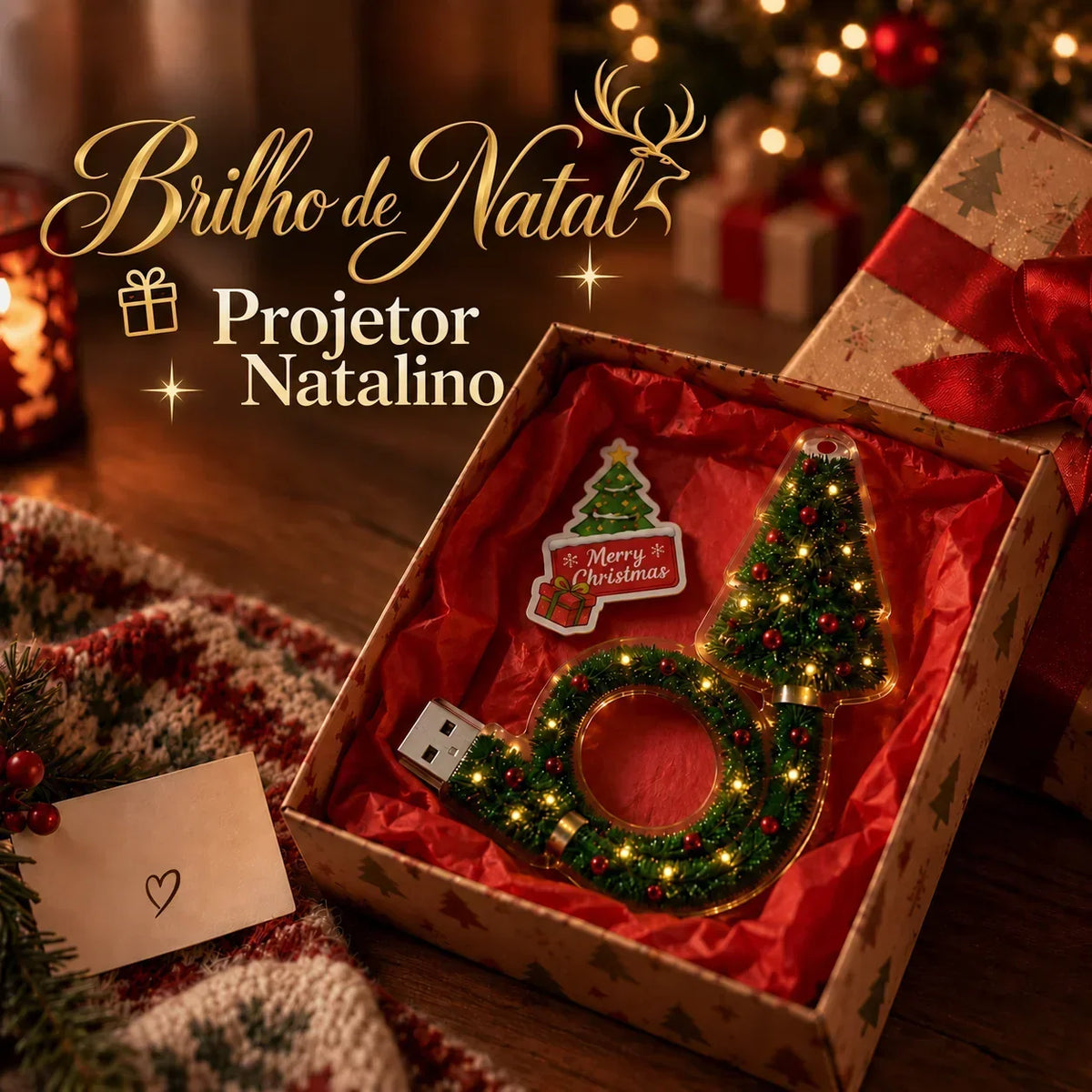 Projetor de Natal LED – Papai Noel, Renas e Neve no Teto