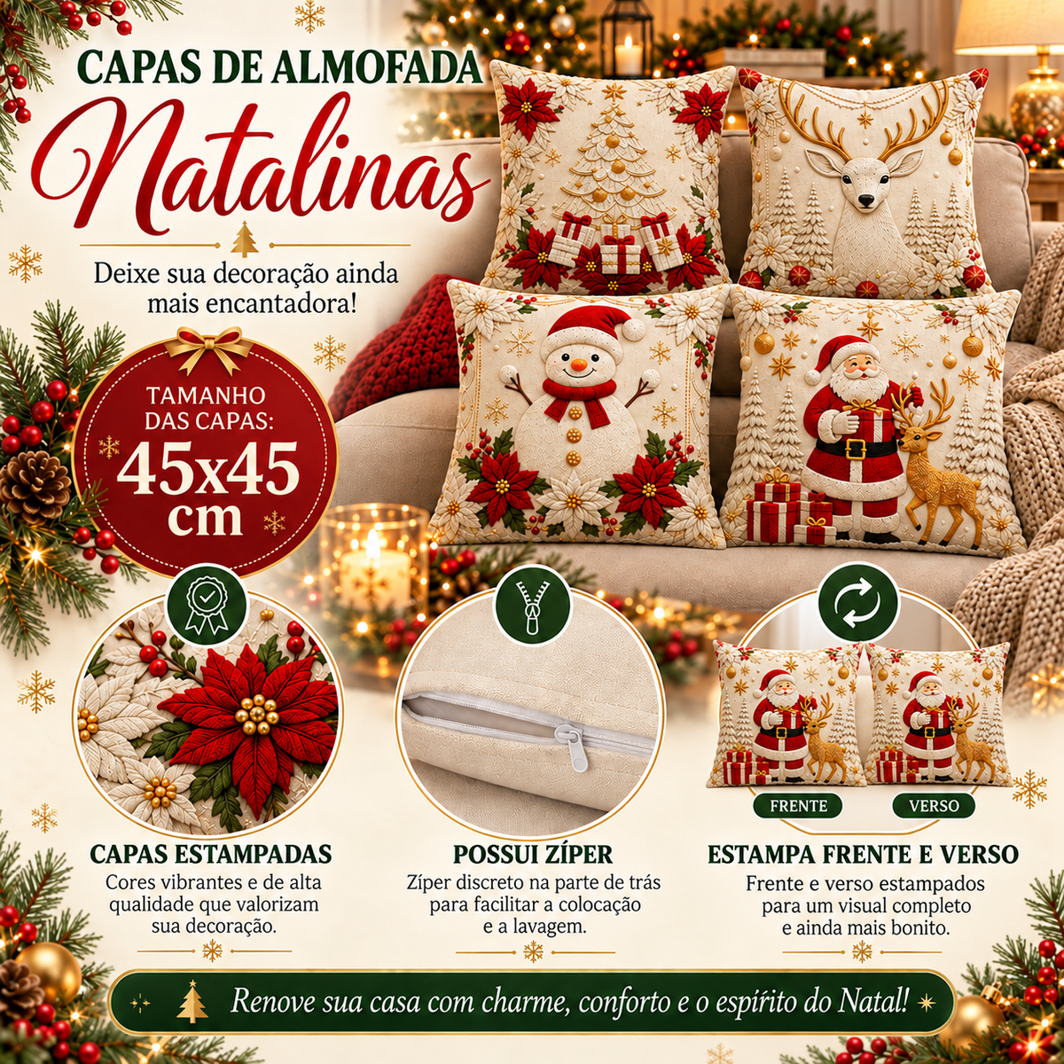 Kit Capas de Almofada Papai Noel Natalino 45x45cm – 4 ou 6 Peças